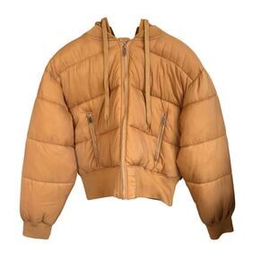 Deluc womens short puffer coat. Sweatshirt hood, gold zip.  Quiet luxury. Size L